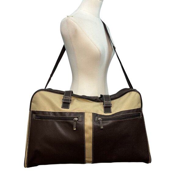 Unbranded Beige Canvas & Brown Faux Leather With Dual Handles Travel Duffel Bag - Picture 6 of 12